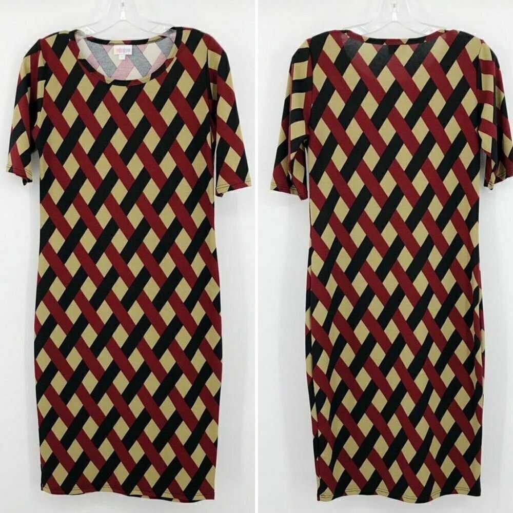LuLaRoe Women's Julia Dress Trellis Diamond Print Tan Red & Black Size S Bodycon